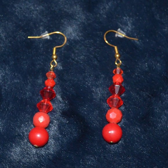 Red Beaded Gold-Plated Fishhook Earrings - Picture 2 of 4